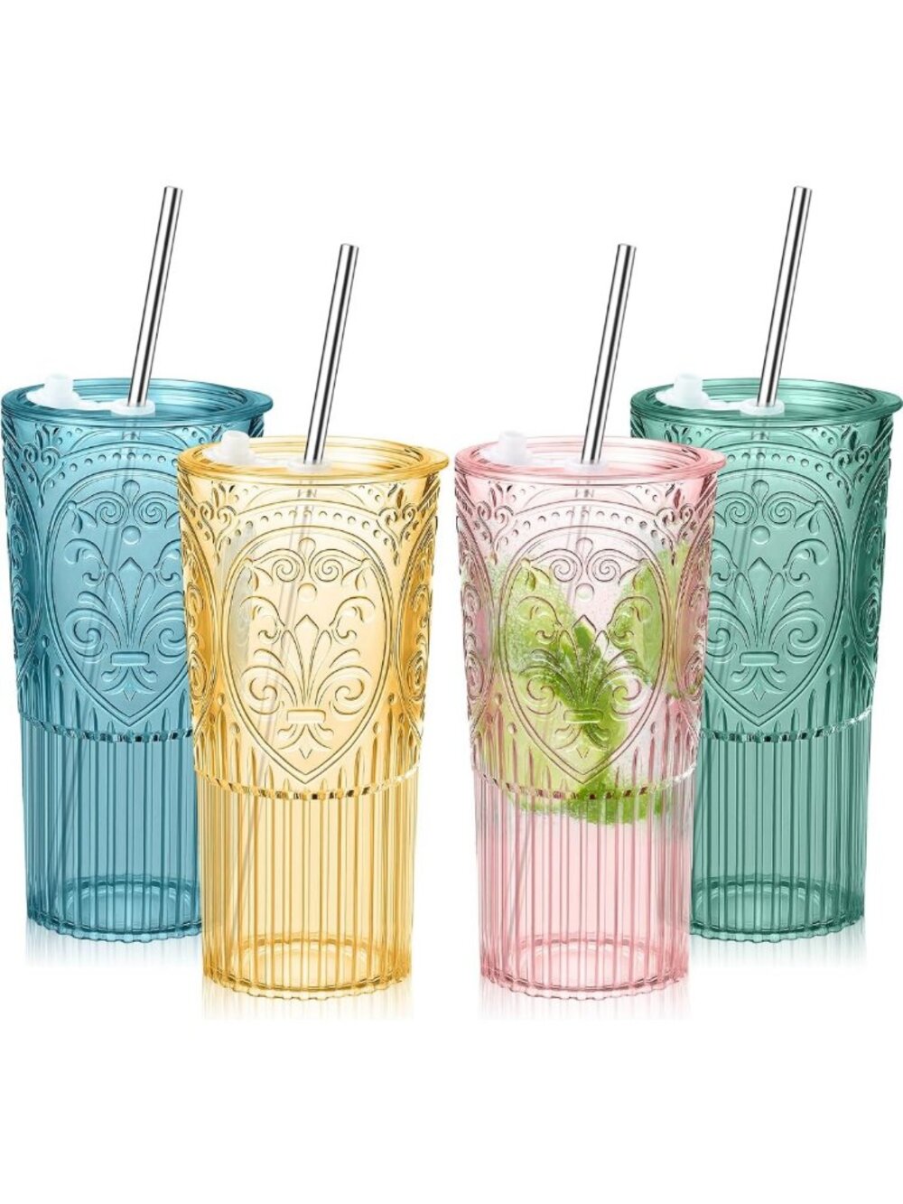 Vintage 4-Piece Tumbler Set with Lid & Straw - Colorful Iced Coffee Cups